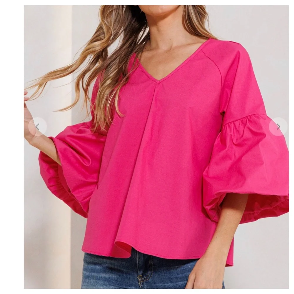 23 Boho Balloon Sleeve Baby Doll V-neck Solid Top - Picture 3 of 6